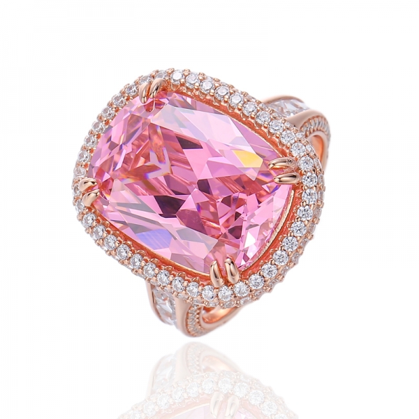 Bague en argent avec diamant coussin rose et carré blanc zircon cubique avec placage en or rose 