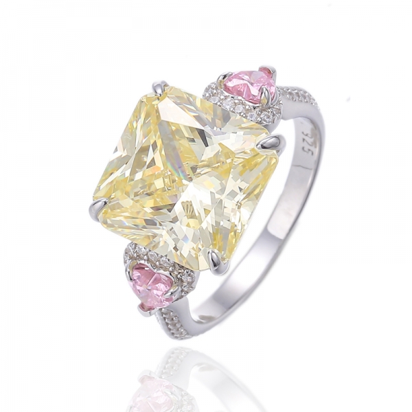 Bague octogonale diamant jaune et diamant en forme de coeur rose zircon cubique bague en argent rhodié 