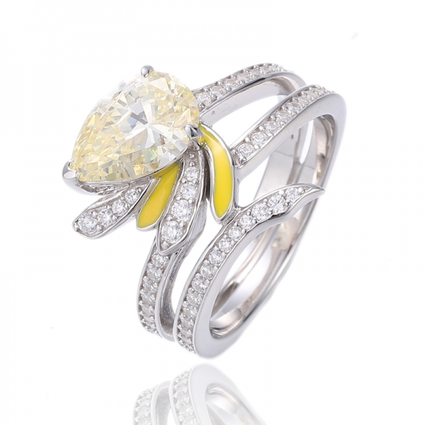 Bague en argent rhodié avec diamant en forme de poire, zircon cubique jaune et émail jaune 