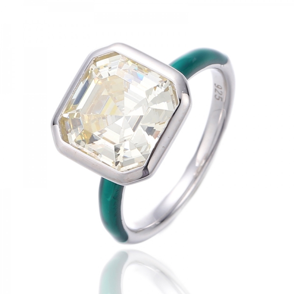 Bague en argent plaqué rhodium avec zircon cubique rose et émail vert Asscher 