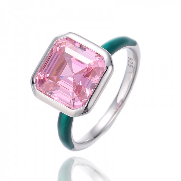 Bague en argent plaqué rhodium avec zircon cubique rose et émail vert Asscher 