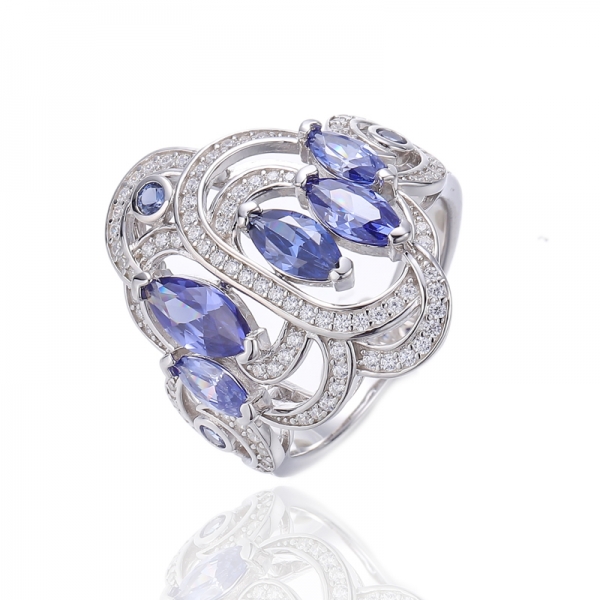 Bague Marquise en Tanzanite cubique, Zircon et Tanzanite ronde en argent Nano rhodié 