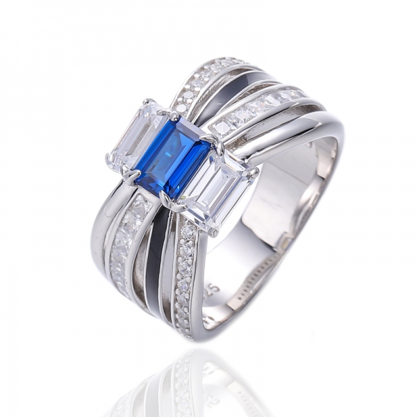 Bague en argent plaqué rhodium bleu taille émeraude et émail noir 