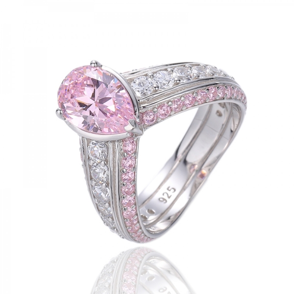 Bague en argent rhodié avec diamant en forme de poire et zircon cubique rose rond 