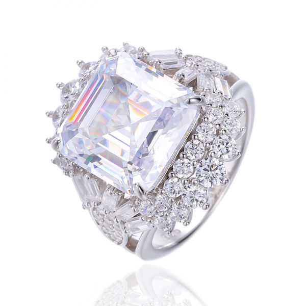 Bague en argent plaqué rhodium avec zircon cubique blanc rose et baguette Asscher 