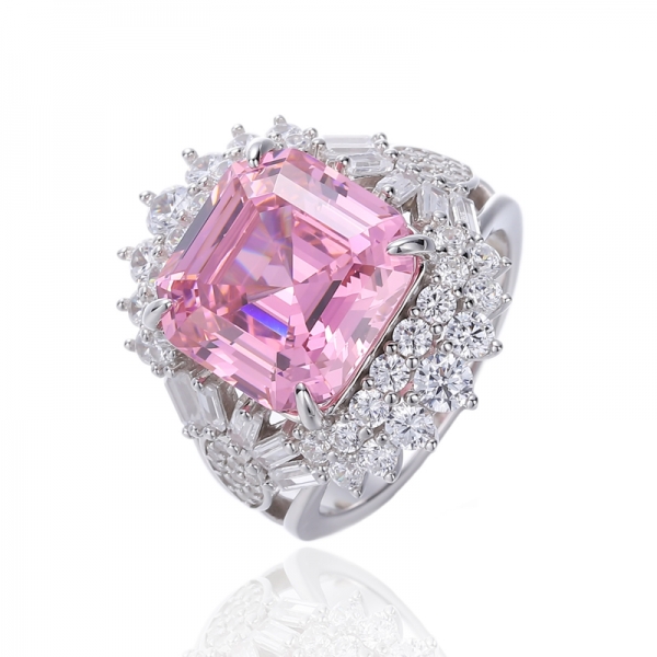 Bague en argent plaqué rhodium avec zircon cubique blanc rose et baguette Asscher 