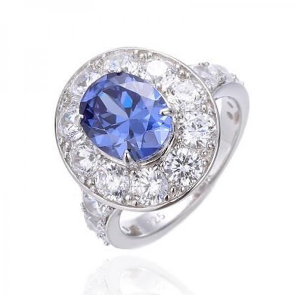 Bague en argent plaqué rhodium avec tanzanite de forme ovale et zircon cubique blanc rond 925 