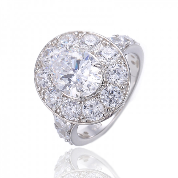 Bague en argent plaqué rhodium avec tanzanite de forme ovale et zircon cubique blanc rond 925 