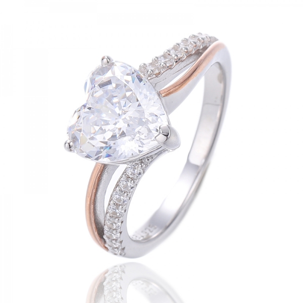 Bague en argent avec zircon cubique blanc en forme de coeur avec rhodium et placage à l'or rose 