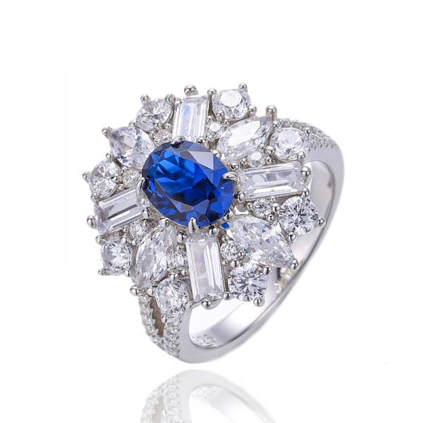 Bague en argent rhodié avec zircon cubique blanc, forme ovale, nano bleu et marquise, 925 