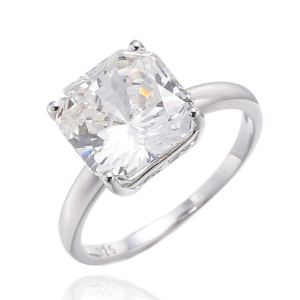 Bague en argent plaqué rhodium avec zircon cubique Asscher Diamond G 