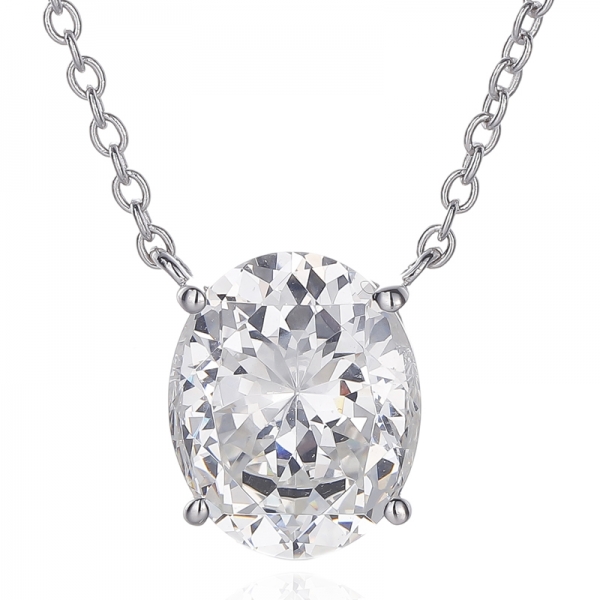 Collier en argent plaqué rhodium avec zircon cubique et diamant de forme ovale
     