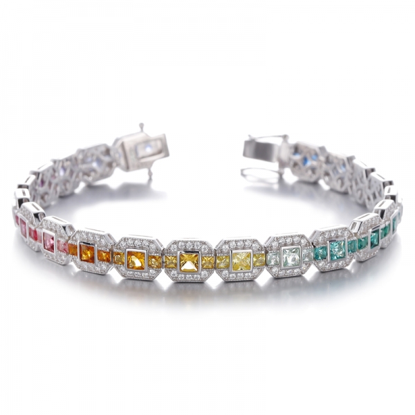 Bracelet Carré Diamant Jaune Et Rond Blanc Zircon Cubique Rhodié Argent
     