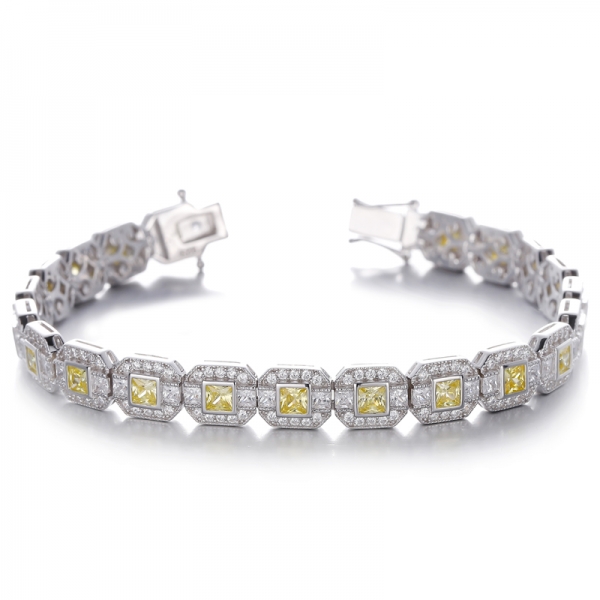 Bracelet Carré Diamant Jaune Et Rond Blanc Zircon Cubique Rhodié Argent
     