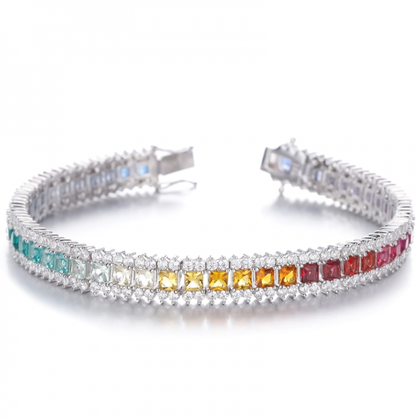 
     Bracelet carré couleur arc-en-ciel et rond en argent rhodié avec zircon cubique blanc
     