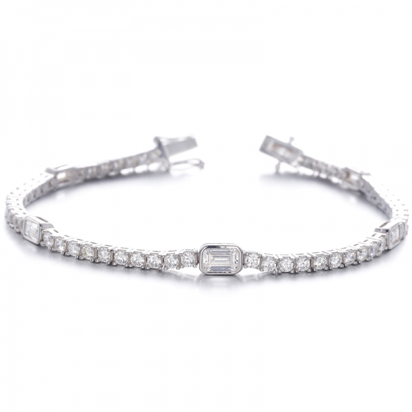 Bracelet G en diamant taille émeraude et zircon cubique blanc rond en argent rhodié 