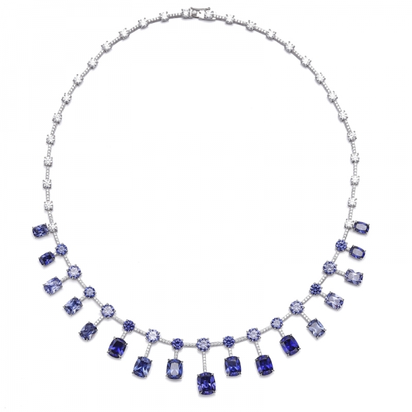 Collier Coussin Et Rond Tanzanite Zircon Cubique Argent Rhodié 