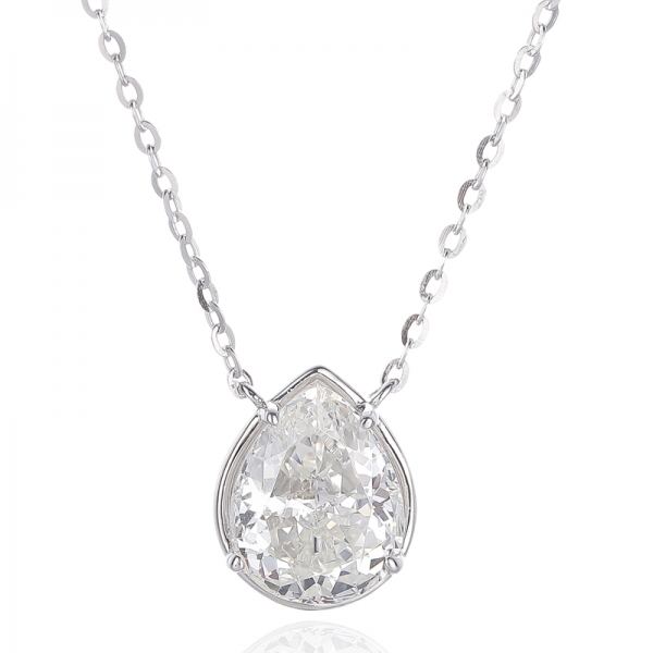 Collier en forme de poire avec diamant G et zircon cubique blanc rond en argent rhodié 