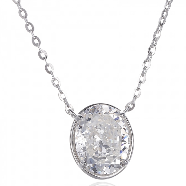 Collier en argent rhodié avec diamant de forme ovale et zircon cubique blanc rond 