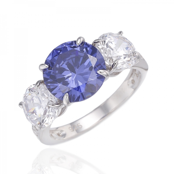 Bague en argent rhodié avec tanzanite ronde et zircon cubique blanc 925 