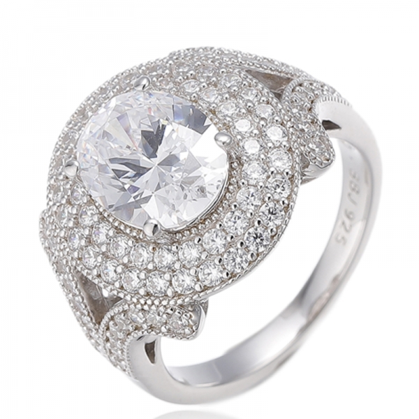 Forme ovale et bague en argent plaqué rhodium avec zircon cubique blanc rond 