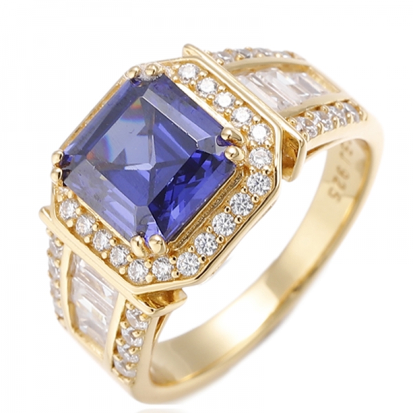 Asscher Tanzanite et Baguette Blanc Zircon Cubique Plaqué Or Bague en Argent 