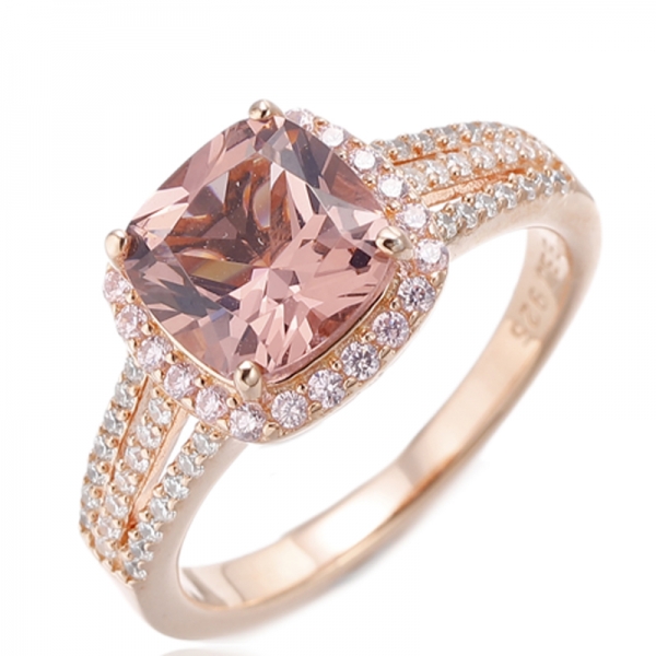 Bague en argent avec morganite coussin nano et zircon cubique rose rond avec placage en or rose 