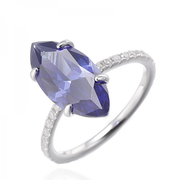 Bague Marquise Tanzanite Et Zircon Cubique Blanc Rond Argent Rhodié 