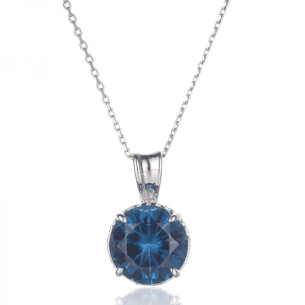 Pendentif rond en argent rhodié avec zircon cubique bleu et blanc de Londres 