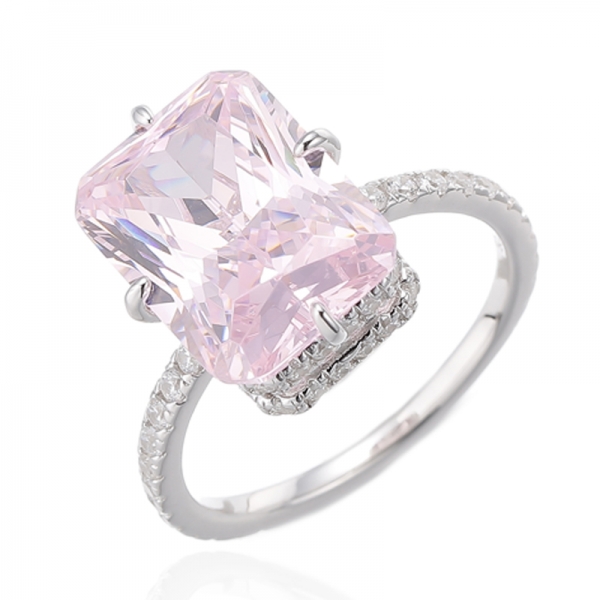 Bague Octogone Diamant Rose Et Rond Blanc Zircon Cubique Rhodié Argent 