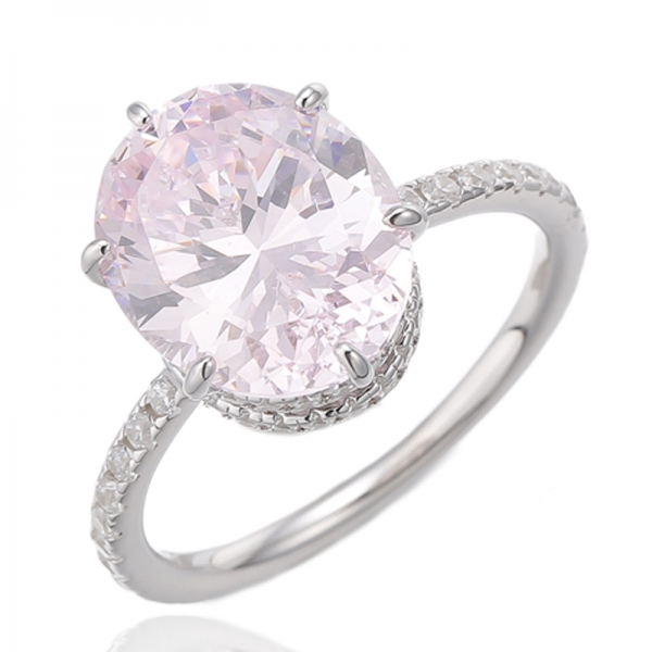 Bague en argent rhodié avec diamant de forme ovale rose et rond en zircon cubique blanc 