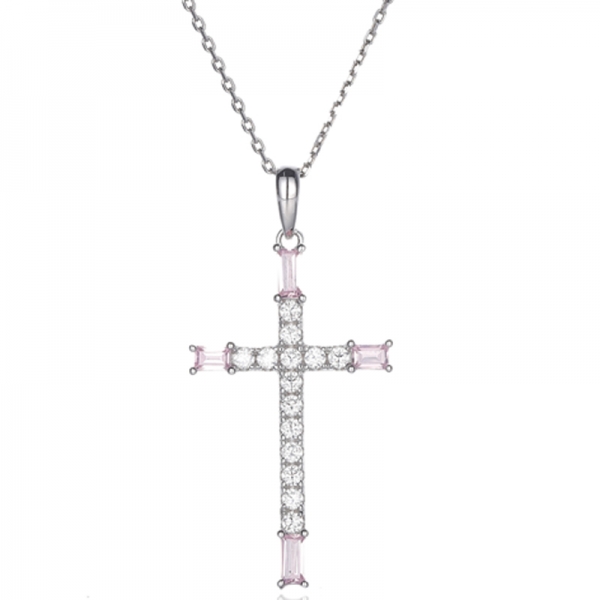 Pendentif Baguette Rose Et Rond Blanc Zircon Cubique Argent Rhodié 