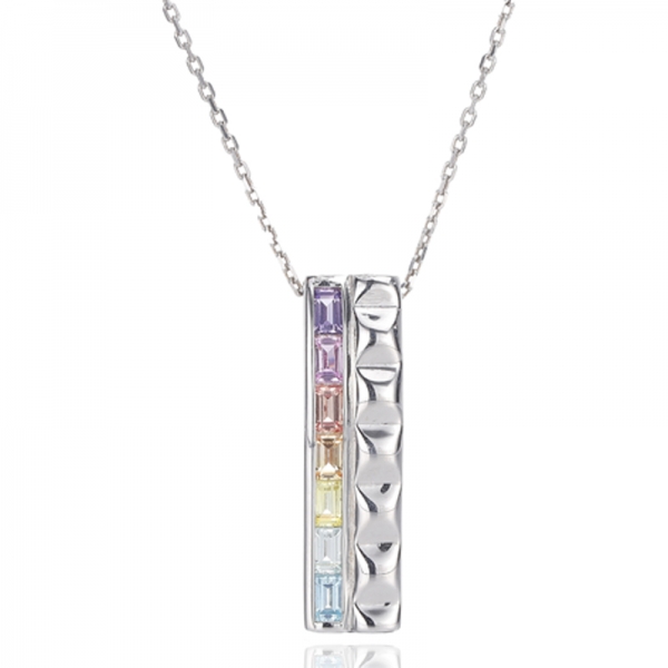 Pendentif baguette couleur arc-en-ciel, zircon cubique, argent rhodié 