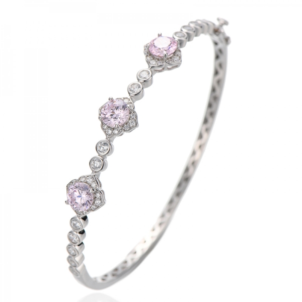 Bracelet rond en argent rhodié et zircon cubique rose avec diamants ronds 