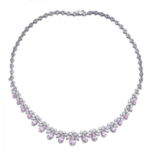 Collier Forme Ovale Et Diamant Rond Zircon Cubique Rose Argent Rhodié 