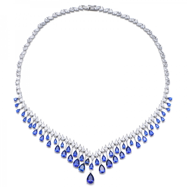 Collier en argent rhodié avec zircon cubique blanc en forme de poire Nano bleu et marquise 