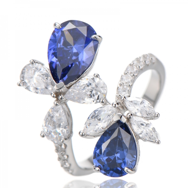 pear shape green nano and marquise white cubic zircon rhodium silver ring 