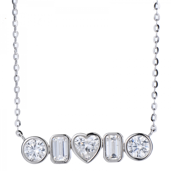 heart shape and round diamond pink cubic zircon rhodium silver necklace 