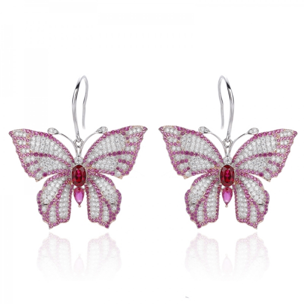 oval shape blue nano and round white cubic zircon silver earring with rhodium and black gold plating 