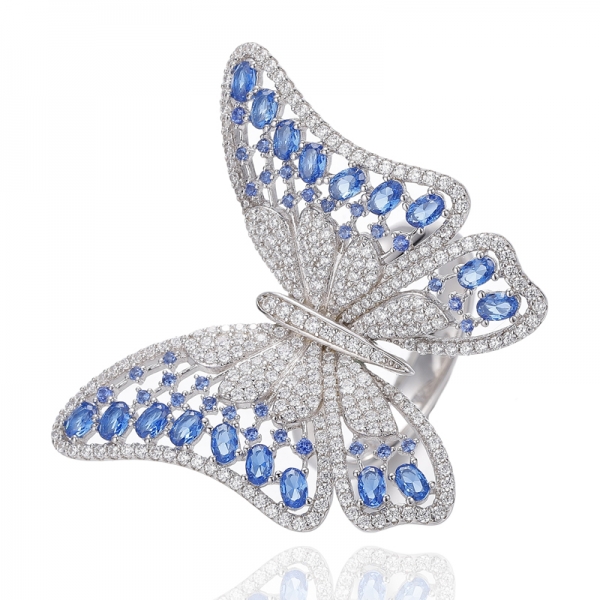 oval shape and round blue nano rhodium silver ring 