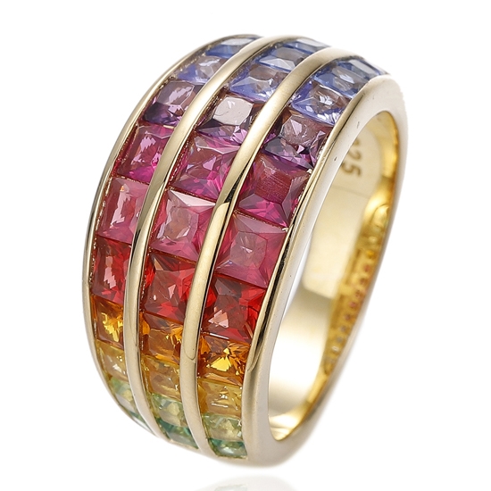 Bague en argent 925 avec zircon cubique carré arc-en-ciel et plaqué or 