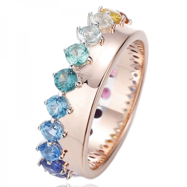 Bague ronde en argent plaqué or rose avec zircon cubique dégradé bleu 