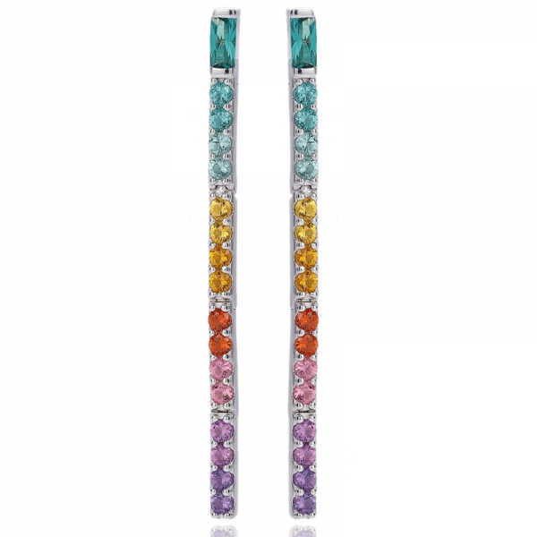 Boucles d'oreilles en argent rhodié, forme baguette et ronde, serties de zircons cubiques arc-en-ciel 