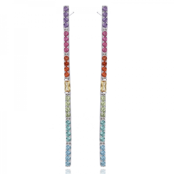Boucles d'oreilles en argent rhodié 925 avec zircons cubiques arc-en-ciel ronds et baguettes 