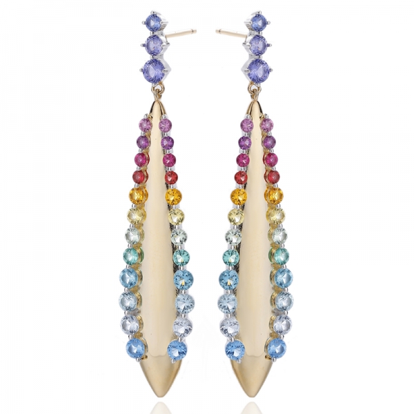 Boucles d'oreilles rondes en argent et zircon cubique arc-en-ciel plaqué or 