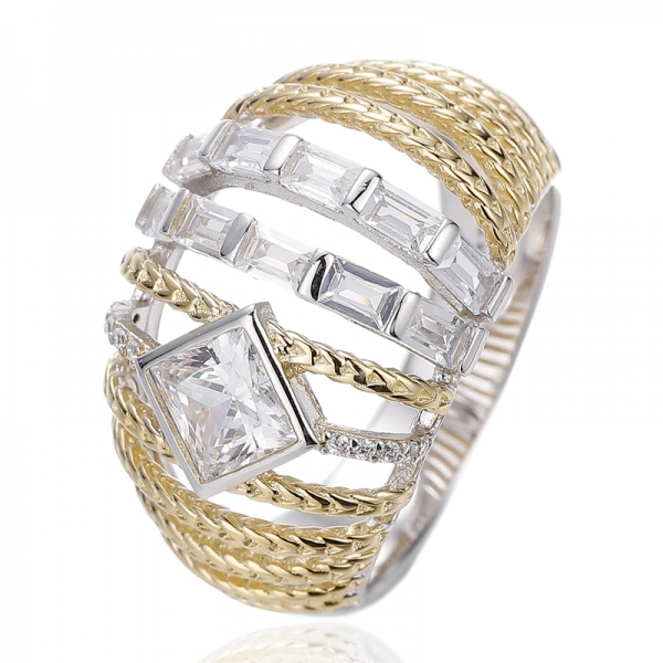 Bague en argent avec diamants carrés roses et zircons cubiques blancs baguette, plaqués rhodium et or rose 