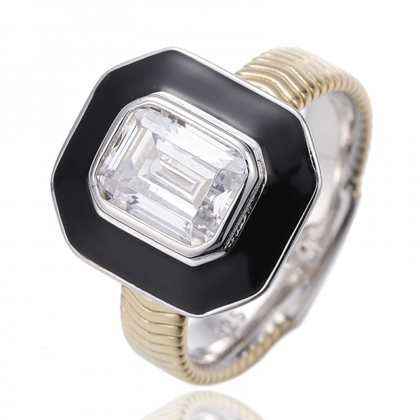 Bague en argent émaillé vert émeraude et nano, plaquée rhodium et or 