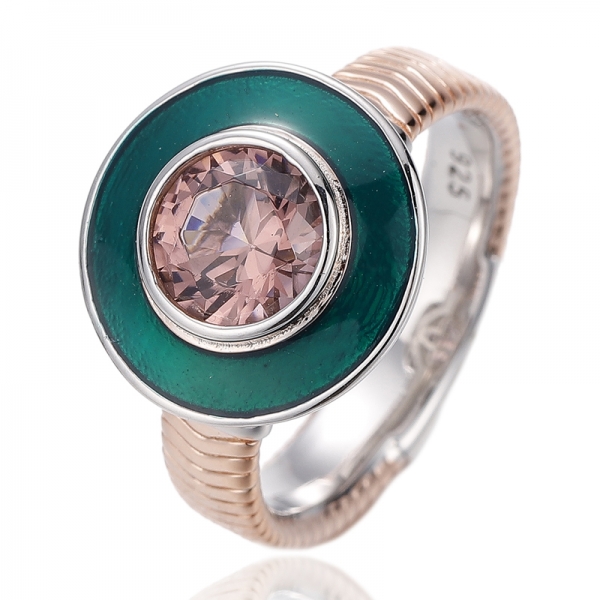 Bague en argent avec zircon cubique blanc rond et émail noir, placage bicolore 