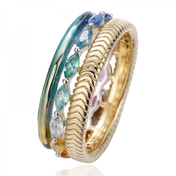 Bague marquise en argent avec zircon cubique arc-en-ciel et émail arc-en-ciel, placage bicolore 