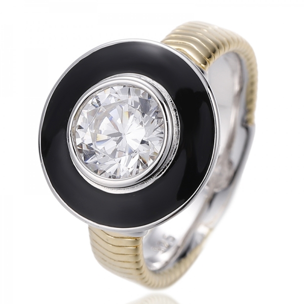 Bague en argent avec zircon cubique blanc rond et émail noir, placage bicolore 